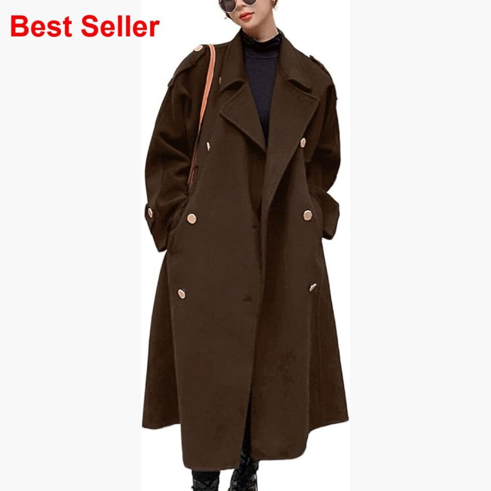 Women's Wool Pea Coat Double Breasted Notch Lapel Midi Long Winter Coat
